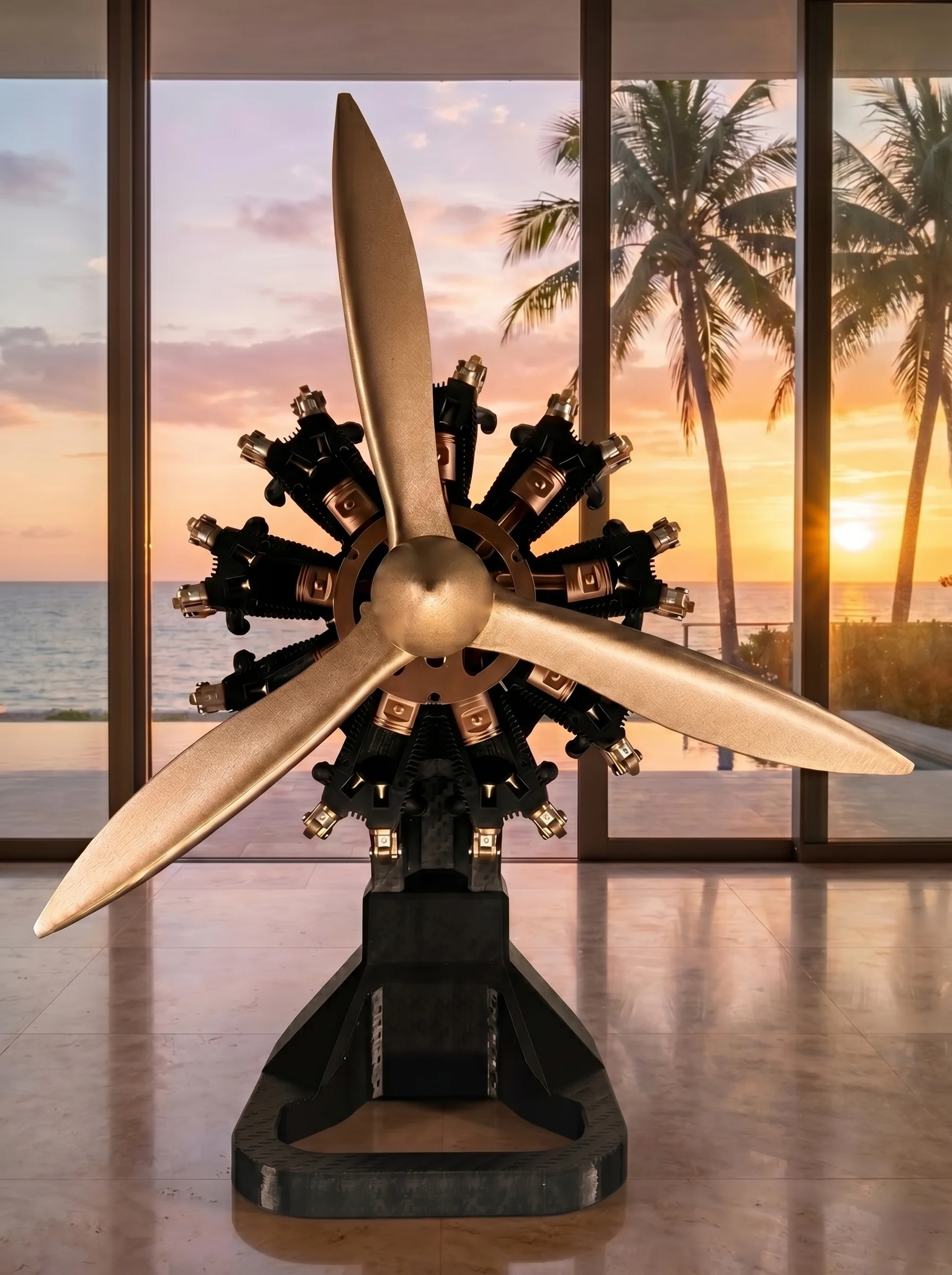 Aero Mécanique R9 — three-quarter view in the beachfront residence at sunset